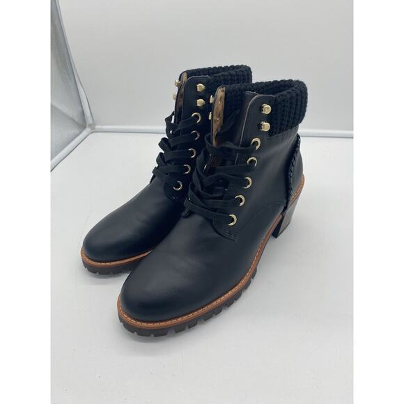 New Jack Rogers Harper Leather Lace Up‎ Hiker Knit Block Heel Boots Black Sz 10M - Picture 4 of 7
